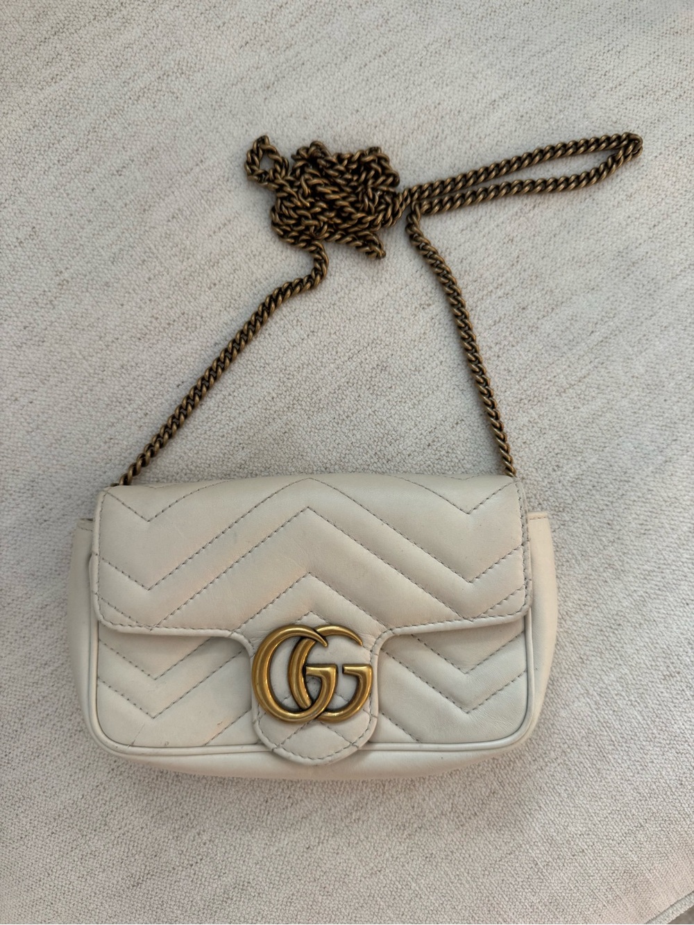 Gucci Off-White Quilted Chevron Mini Shoulder Bag with Gold Hardware